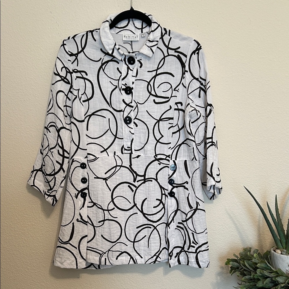 Habitat Black and White Patterned Blouse with Button Detail.